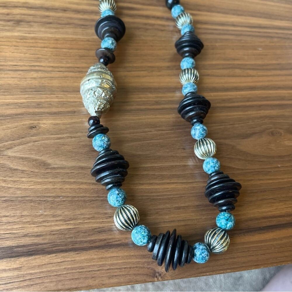 Vintage 80s Long Chunky Tribal Black Blue and SILVER Bead Necklace BOHO